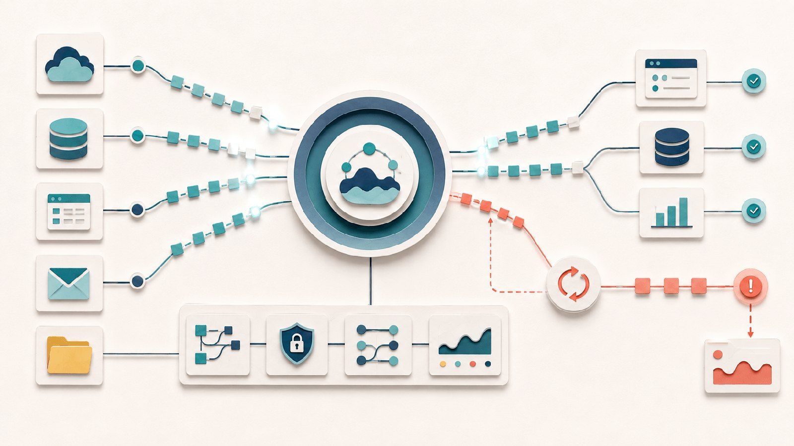 Eine zentrale Integrationsplattform verbindet Anwendungen, Datenbanken und Cloud-Dienste über Datenflüsse