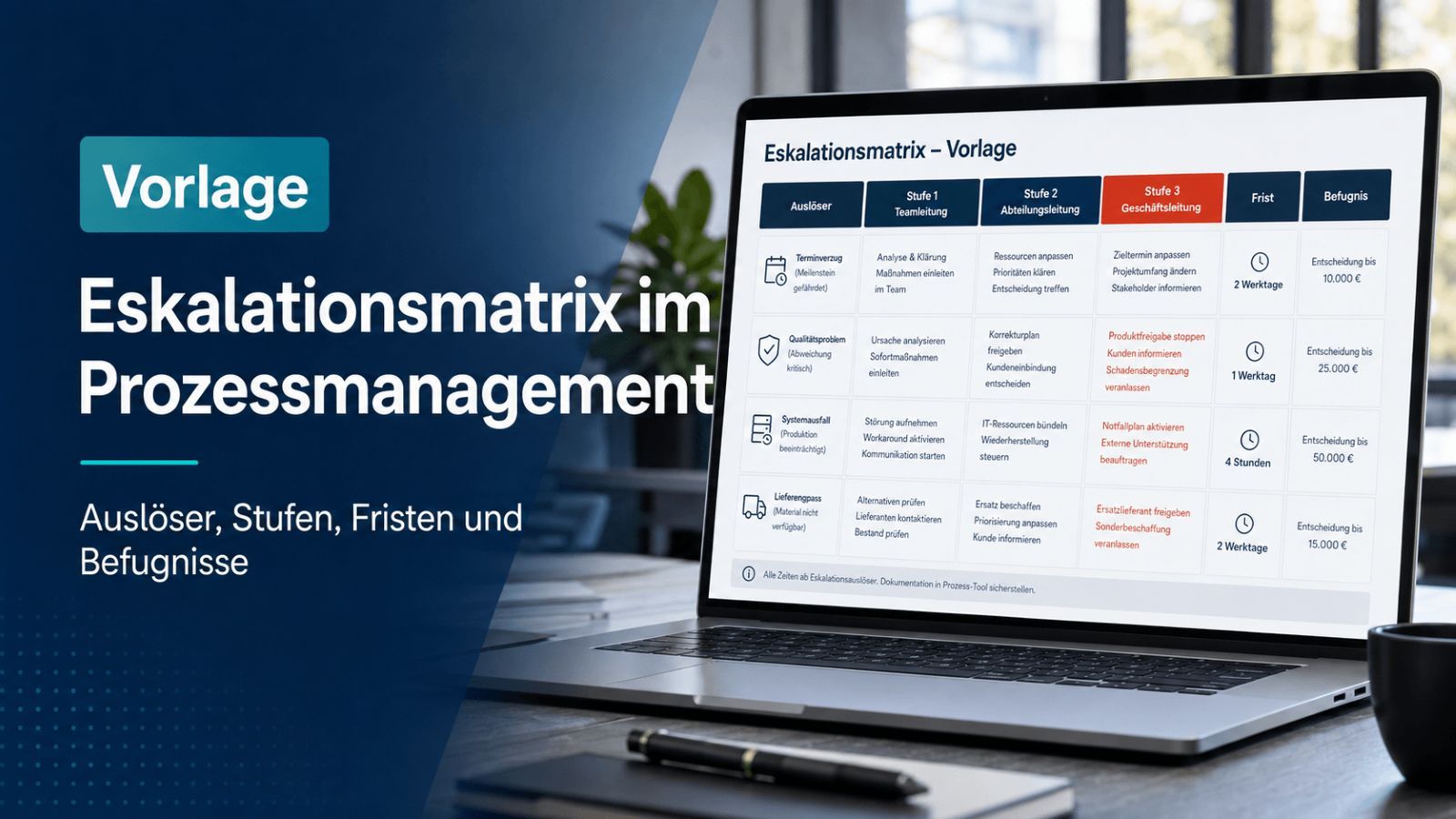 Eskalationsmatrix im Prozessmanagement mit Stufen, Rollen und Fristen