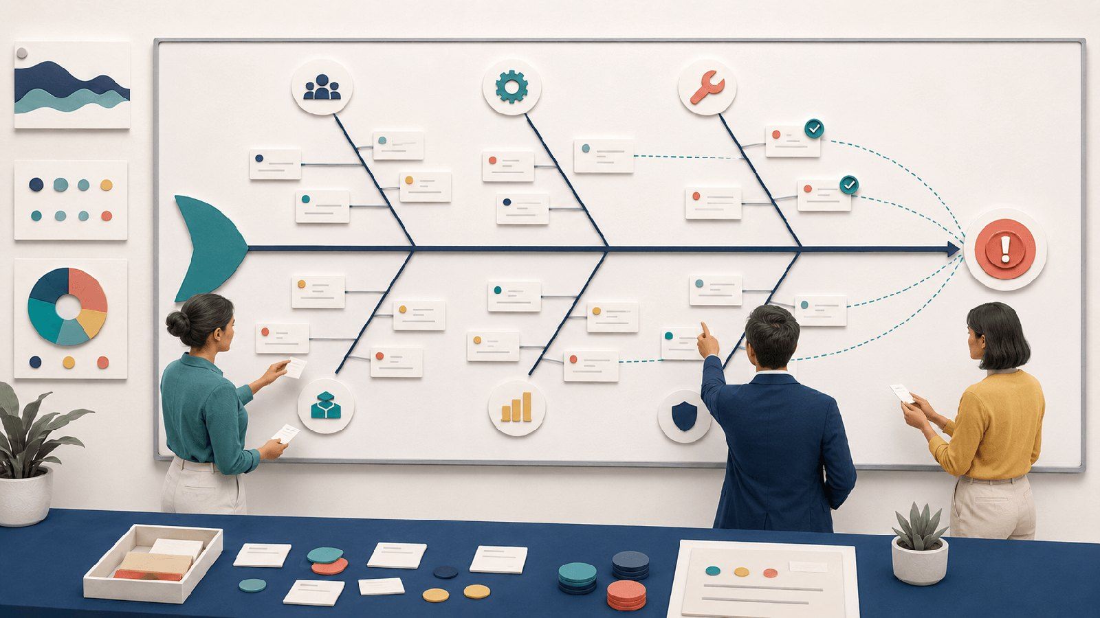 Fischgrätendiagramm mit strukturierten Ursachen und einem hervorgehobenen Problem