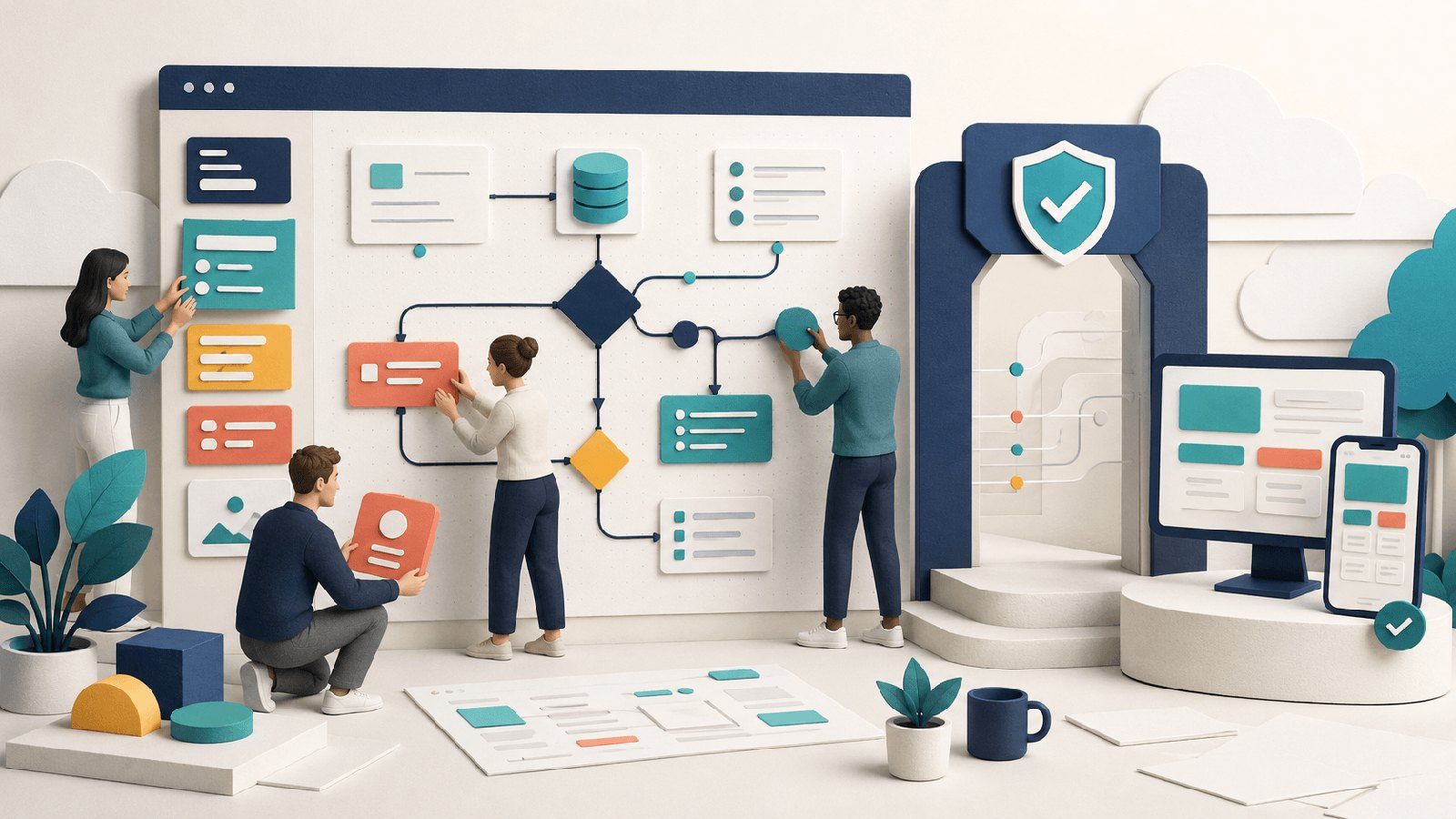 Modulare Formulare, Datenbausteine und Prozessschritte werden visuell zu einer Low-Code-App verbunden