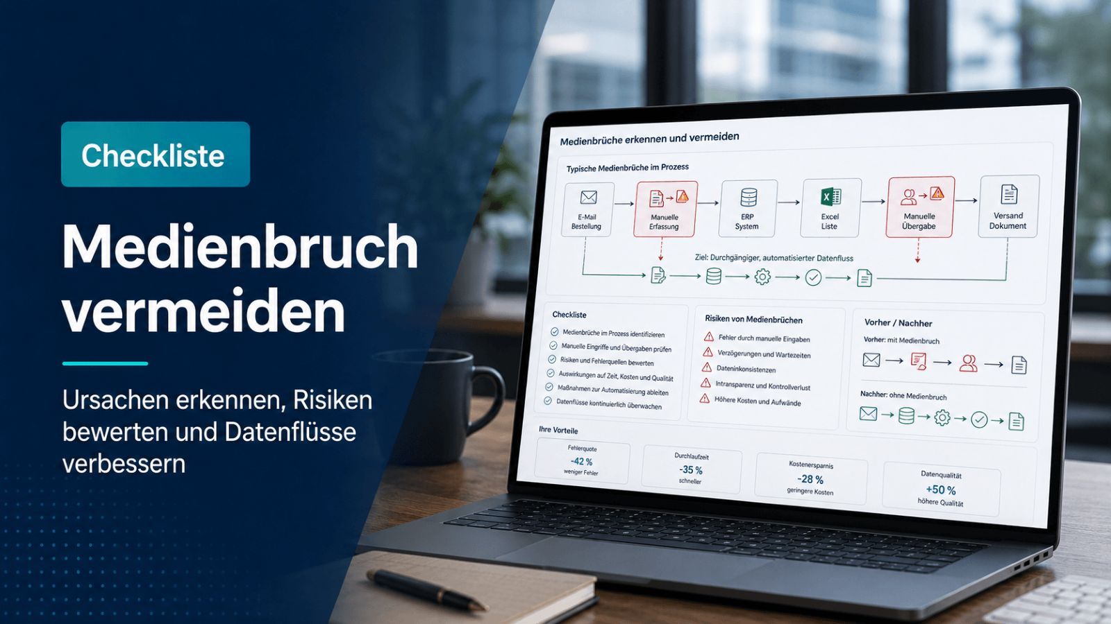 Medienbruch zwischen E-Mail, Tabelle und System wird in einem Geschäftsprozess sichtbar