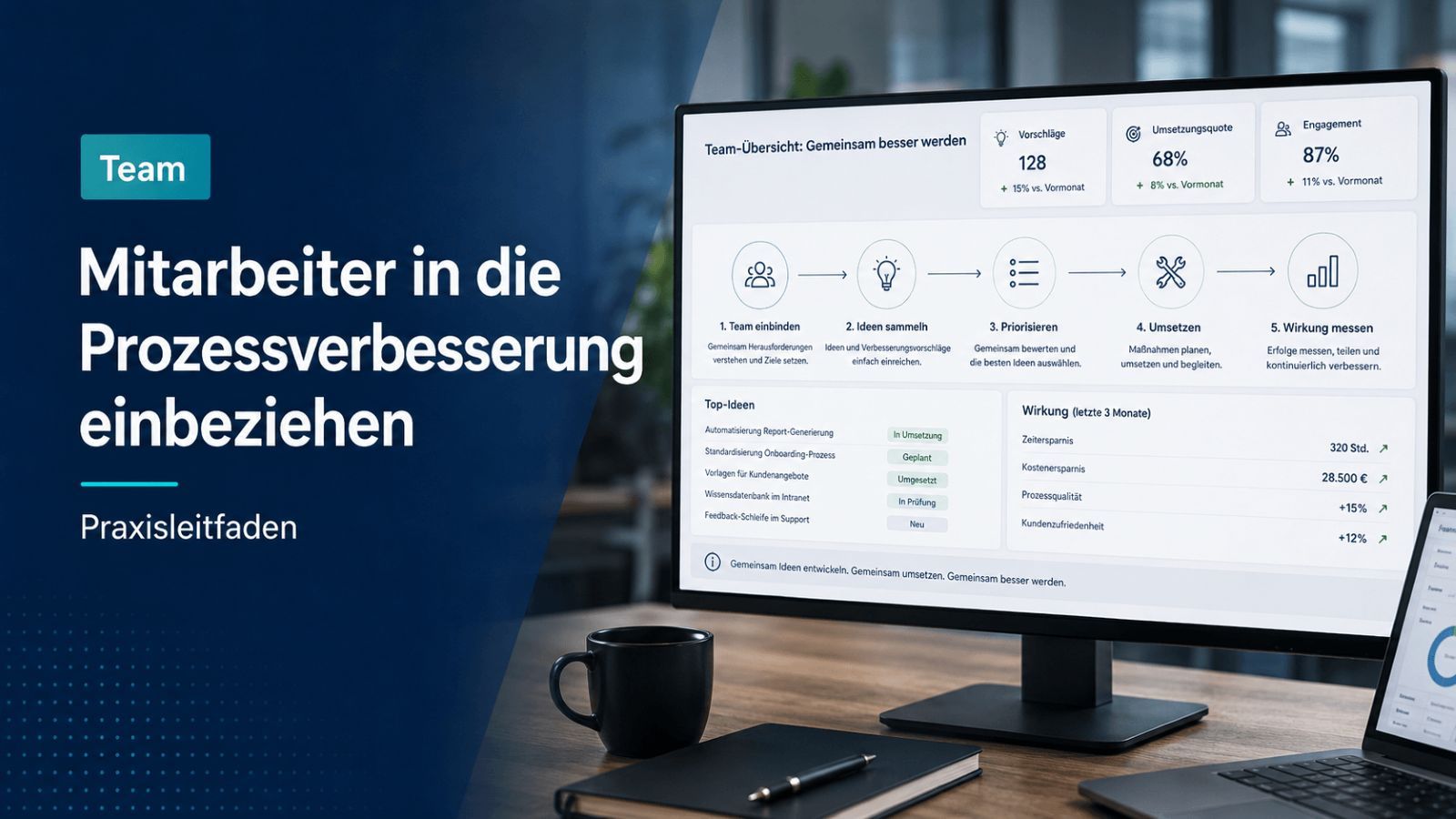 Mitarbeitende besprechen Verbesserungsideen an einem visualisierten Prozessboard