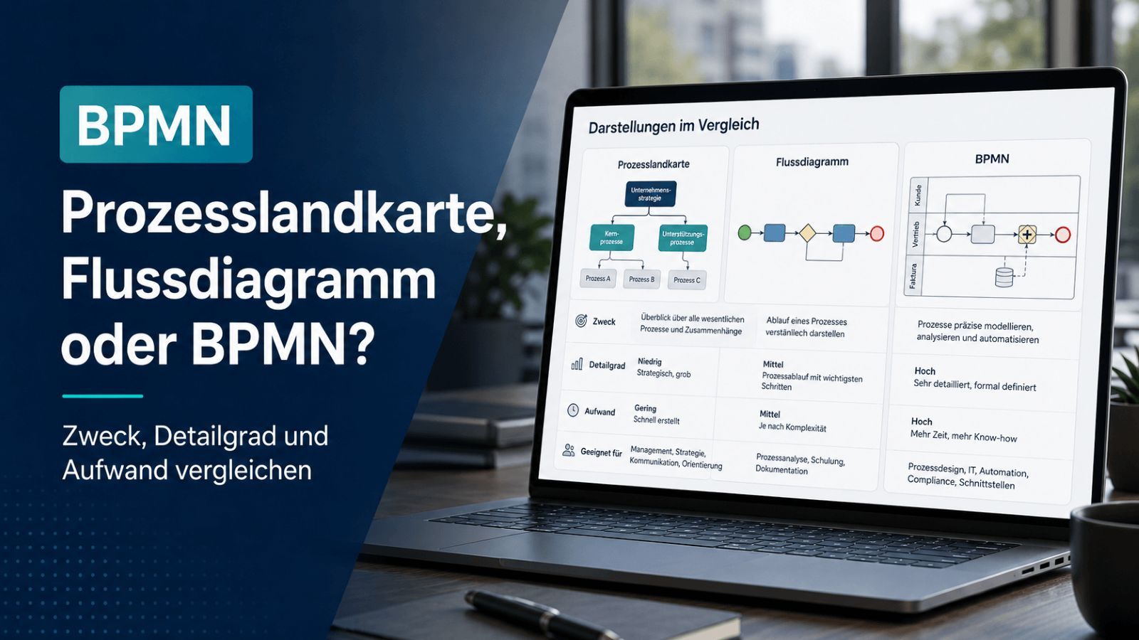 Prozesslandkarte, Flussdiagramm und BPMN im Vergleich zur Prozessvisualisierung