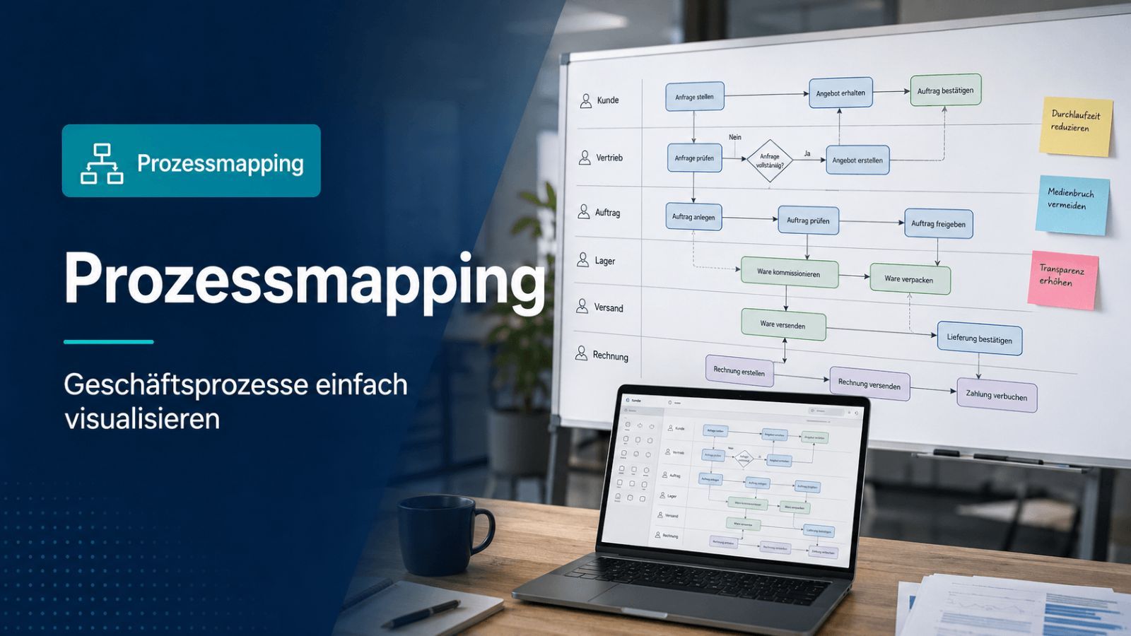 Team visualisiert einen Geschäftsprozess als Prozessmapping mit Schritten und Verantwortlichkeiten