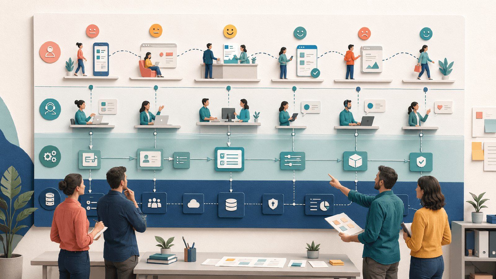 Service Blueprint mit Kundenkontakt, sichtbaren Frontstage-Abläufen und internen Backstage-Prozessen auf drei Ebenen