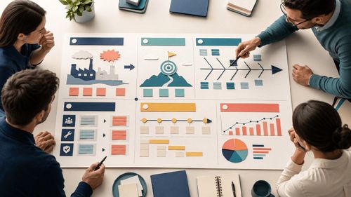 Strukturierter A3-Problemlösungsbericht mit Diagrammen, Ursachenanalyse und Maßnahmenplan