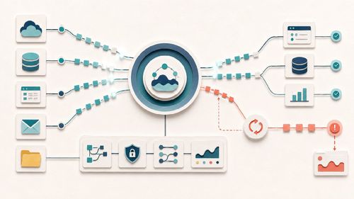 Eine zentrale Integrationsplattform verbindet Anwendungen, Datenbanken und Cloud-Dienste über Datenflüsse