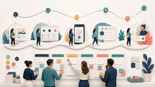 Kundin durchläuft mehrere Kontaktpunkte mit wechselnder Stimmung in einer Customer Journey Map