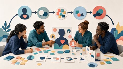 Team entwickelt mit Nutzerbeobachtungen, Ideen und Papierprototypen einen neuen Prozess im Design Thinking