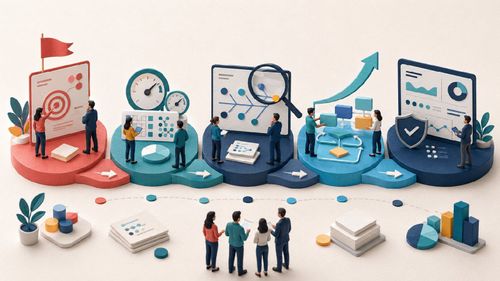 Fünf verbundene DMAIC-Module für Definition, Messung, Analyse, Verbesserung und Steuerung