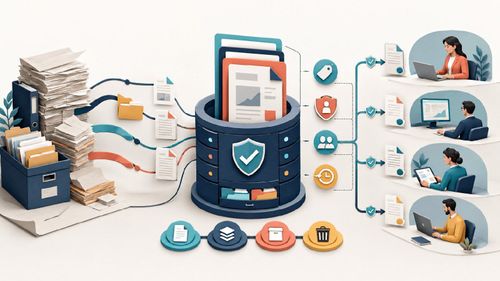 Ein geschütztes digitales Archiv verwaltet Dokumente, Versionen und rollenbasierte Zugriffe