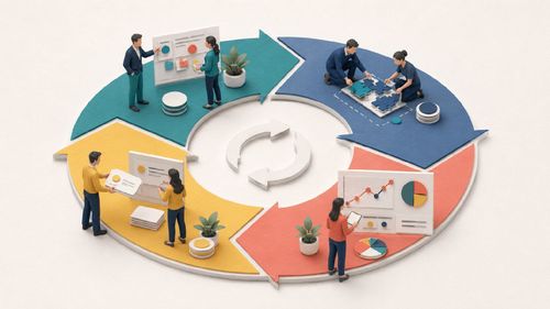 Vierfarbiger PDCA-Zyklus mit Symbolen für Planen, Testen, Prüfen und Verbessern