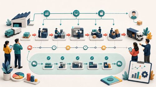 Wertstromkarte mit Prozessschritten, Materialfluss, Informationsfluss und Zeitlinie